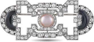 Luxury Bazaar Platinum 1.50ct Diamond, Onyx, and Pearl Art Deco Brooch MF06-080426