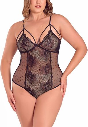 iCollection Strappy Floral Lace & Dotted Mesh Bodysuit in Black at Nordstrom, Size 2X