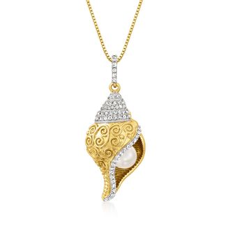 Ross-Simons 6mm Cultured Pearl and. White Topaz Seashell Pendant Necklace in 18kt Gold Over Sterling