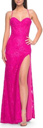 La Femme Stretch Lace Dress with Bustier Top and Illusion Back in Hot Fuchsia at Nordstrom, Size 10