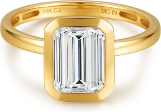 MAX + STONE Solid 10K Gold 4 Carat Emerald Cut Bezel 9X7MM Cubic Zirconia Engagement Ring