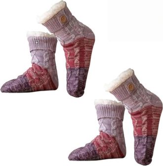 Generic Knitted Ultra-Thick Slipper Home Socks, Tri-Color Knit Patchwork Non-Slip Warm Winter Socks Non-Slip With Fleece Lined (2 pcs Purple,One Size)