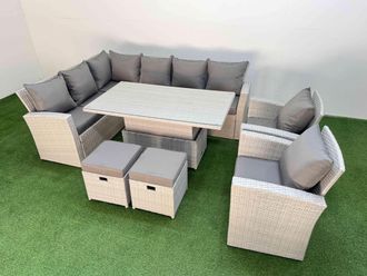 Fimous 10 Seat Garden Furniture Corner Sofa with 2 Small Footstool Light Grey