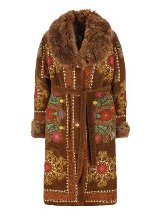 Zazi fur-trim embroidered coat - women - Cotton - M - Brown