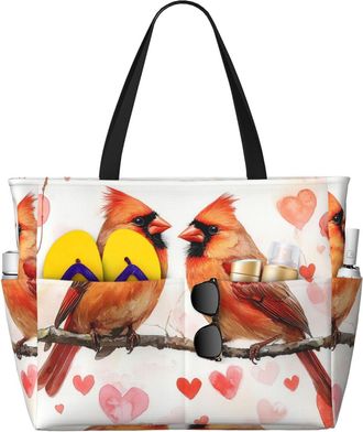 Generic Cardinal Birds Print Large Beach Bag Foldable Travel Shoulder Tote Bag With Pocket For Weekender Pool Vacation