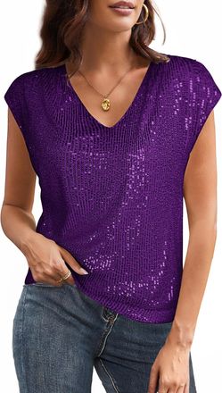 Grace Karin Womens Sequin Top Winter Xmas Short Sleeve V-Neck Sequin Glitter Shirt Casual Classic Blouses for Women UK XL Size 18 Purple