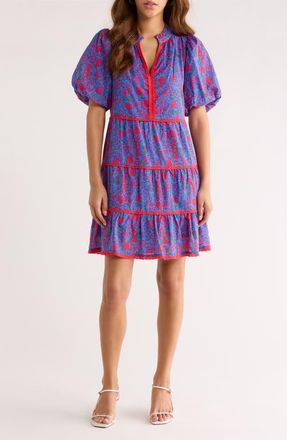 Sugarlips Tanya Floral Tiered Cotton Dress in Blue-Fuchsia at Nordstrom, Size X-Large
