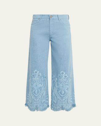 Kobi Halperin Marigold Embroidered Washed Denim Wide-Leg Pants