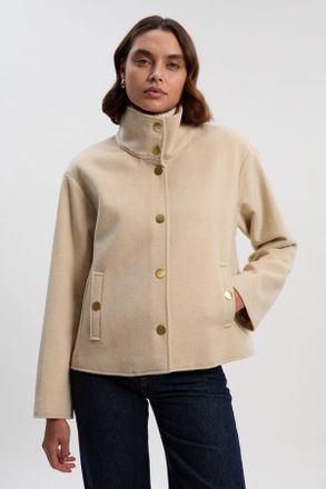 Karen Millen Womens Brushed Wool Funnel Neck Tailored Short Coat - Beige - Size 16 UK