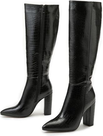 Generic Womens High Heel Boots, Comfortable Wide Heel Boot with Side Zipper - Elegant Warm Knee-High Ankle Boot for Parties and Evenings for Autumn/Winter-Bla