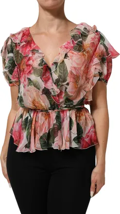 Dolce & Gabbana Womens Pink Camellias Printed Silk V-Neck Blouse Top