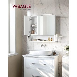 Vasagle Armario de Pared con Espejo, Armario de Baño led, Armario de 2 Puertas, con Estante Ajustable, Soporte para Secador de Pelo, Maceta, Estilo Moderno