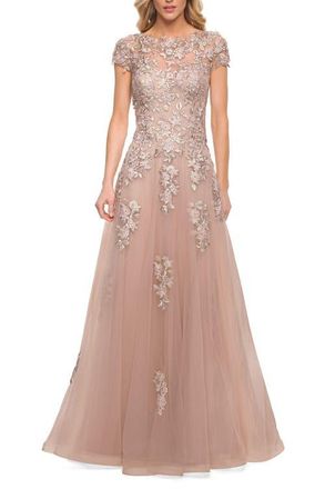La Femme Gorgeous Lace and Tulle Gown with Full Skirt and Sleeves in Blush at Nordstrom, Size 12