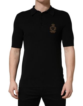 Dolce & Gabbana Mens Heraldic Crest Embroidered Polo Black Cotton Silk