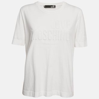 Love Moschino White Logo Embossed Cotton Crew Neck T-Shirt