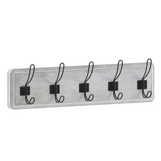 Flash Furniture Wall Mounted 24 in Whitewashed Solid Pine Wood Storage Rack with 5 Hooks