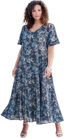 Roaman's Plus Size Hand Crinkled Flutter Sleeve Maxi Dress in Navy Paisley Floral Print at Nordstrom, Size 16