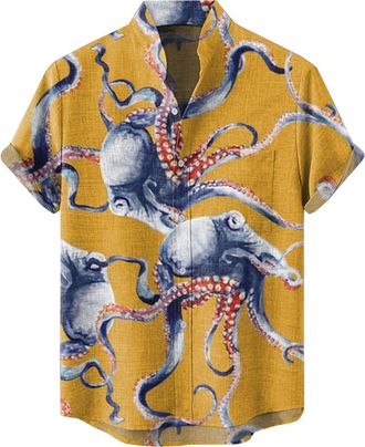 Generic Hawaiian Shirts for Men Short Sleeve Fish T-Shirts Button Up Shirt Tropical Tops with Pocket Summer Vacation Clothes Camisa De Hombre(Z02-Yellow, XL)