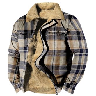 Generic Winter Jackets for Men Fleece Lined Plaid Shirt Coats Mens Zip Up Oversized Tartan Overcoat with Pockets Lapel Collar Padded Jacket Casual Comfortable