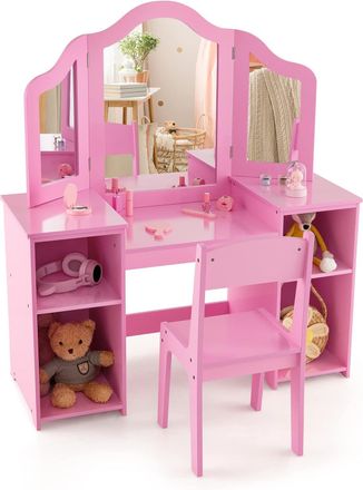 Costway Costway - Juego De Tocador Infantil Con Espejo Y Silla, Conjunto 2 En 1 De Tocador De Maquillaje De Princesa Con Espejo Tri-plegable Removible, 4 Comp