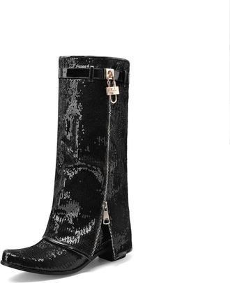 Generic Womens Sequined Mid-Calf Boots Metallic Lock Detail Side Zipper Pointed Toe Low Block Heels Glossy Strap Comfortable Non-Slip Durable Design,Black,5.5