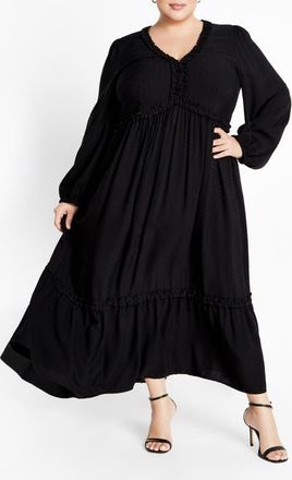 City Chic Journey Ruffle Long Sleeve Maxi Dress in Black at Nordstrom