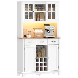 HOMCOM Homcom Alacena De Cocina Con Iluminaci&oacute;n Led, Encimera Para Microondas, Botellero, Puertas De Vidrio, Estantes Abiertos, 3 Cajones, Blanco