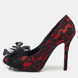 Dolce & Gabbana Red/Black Feather and Crystal Embellished Lace and Satin Pumps Size 37.5