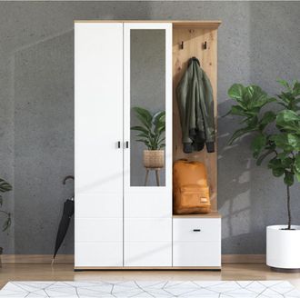 Dmora Mueble De Entrada Raroto, Espejo Incluido, 4 Estantes, Perchero, 116x35x197h Cm Blanco