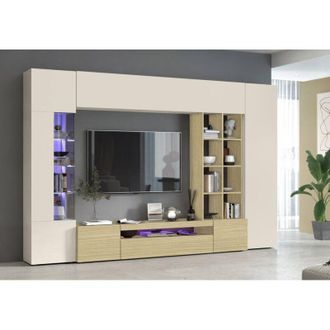 Dmora Pared Modular Arena, Mueble Sal&oacute;n 14 Estantes, Puerta Abatible Made In Italy, 24 Compartimentos, 290x40x191.2h Cm Roble Marr&oacute;n