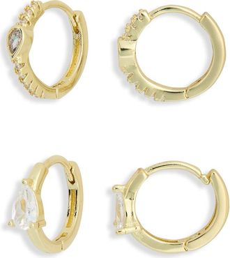Nordstrom Rack Set of 2 Assorted Huggie Hoop Earrings in Clear- Gold at Nordstrom Rack