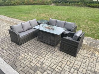 Fimous Rattan Outdoor Furniture Gas Fire Pit Dining Table Gas Heater Reclining Chair 3 Seater Sofa Sets with Side Table 7 Seater in Dark Grey