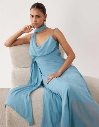 Asos vestito lungo sottoveste con dettaglio foulard in blu acciaio-Multicolore
