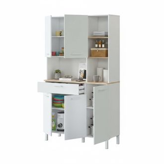 Dmora Armario Multifunci&oacute;n Dgalass, Mueble Auxiliar De Cocina, Aparador Con 5 Puertas Y 1 Caj&oacute;n Con Baldas, Armario Abierto, 108x40h186 Cm, Blanco Y Roble -