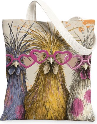 Generic Fanciful Birds Canvas Tote Bags, Funky Chicken Design Lightweight Washable Shoulder Strap Reusable Grocery Bags for Summer, Multicolor, 13x15 Inch