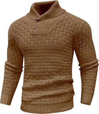 Generic Mens Winter Jumpers Warm Knitted Stand Collar Jumper Long Sleeve Knitwear Pullover Sweaters for Men Buttons Twisted Winter Tops (Coffee, L)