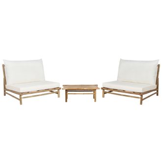 Beliani Conjunto 2 Plazas Madera De Bamb&uacute; Con Mesa De Centro Cojines Interior Exterior Madera Clara Y Blanco Todi