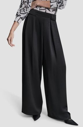 DKNY Pleat Wide Leg Satin Pants in Black at Nordstrom, Size X-Large