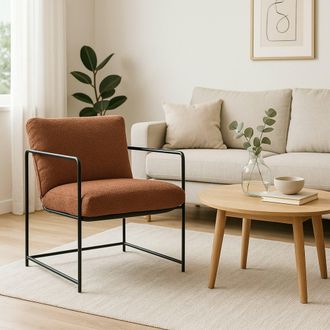 Dmora Dmora - Sill&oacute;n De &Aacute;lamo, Sill&oacute;n Tapizado En Tejido Boucl&eacute;, Silla Acolchada, Asiento Con Reposabrazos De Metal, 61x67h75 Cm, Marr&oacute;n, Con Embalaje Refor