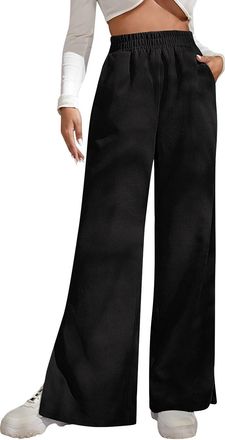 Generic Corduroy Trousers Women Elastic Waist Straight Leg Cord Pants Casual Loose Wide Leg Corduroy Sweatpants Winter Fashion Side Slit Palazzo Lounge Pants 