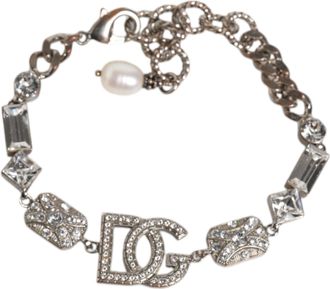 Dolce & Gabbana Silver Brass Crystal DG Logo Charm Embellished Womens Bracelet (Pre-Owned)