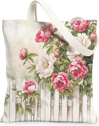 Generic Spring Peony Fence Flower Canvas Tote Bag for Shopping 13x15, Farmhouse Cute Floral Reusable Grocery Print Pattern Bag for Women Men, Fun Country Aest