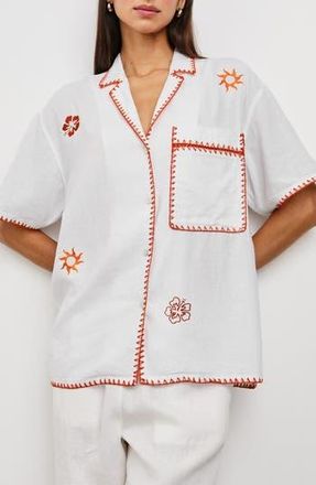 Rails Island Embroidered Linen Blend Camp Shirt in White at Nordstrom Rack, Size X-Large