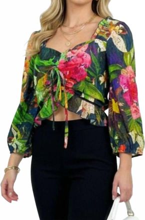 BTFL-life Cropped Peasant Three Quarter Sleeve Blouse In Black Multi