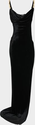 Balmain Button Cowl-Neck Velvet Slit Maxi Dress