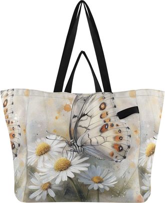 Generic Butterfly Flowers White pattern Reusable Canvas Tote Bag, Heavy Duty Grocery Shopping Bag with Double Handles Hard Bottom Large Capacity Work Grocerie