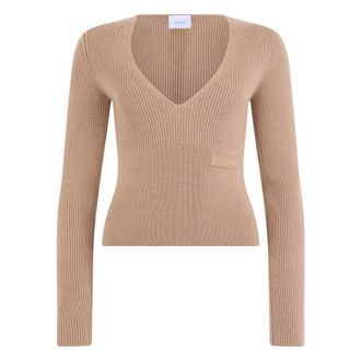 Patou V-neck Knitwear, female, Beige, Size: XS Kn187 Merino V-neck Sweater