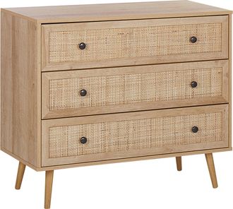 Beliani C&oacute;moda Con 3 Cajones Madera Clara Rat&aacute;n Natural 90 X 79 Cm Patas De Madera De Pino Mimbre Boho Ponca