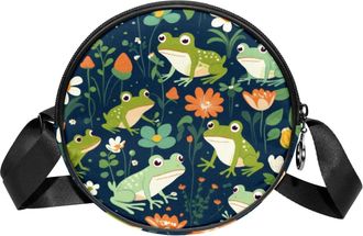 Generic Circle Crossbody Bag for Women, Cute Frogs Small Sling Bag Daypack with Zipper Adjustable Shoulder Straps Casual Ladies Girls Round Purse