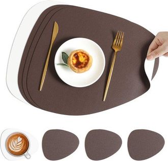 OEM Juego De 4 Piezas De Manteles Individuales Posavasos, Lavables, De Piel, Color Marr&oacute;n Blanco Roto (4 Manteles Individuales 4 Posavasos)